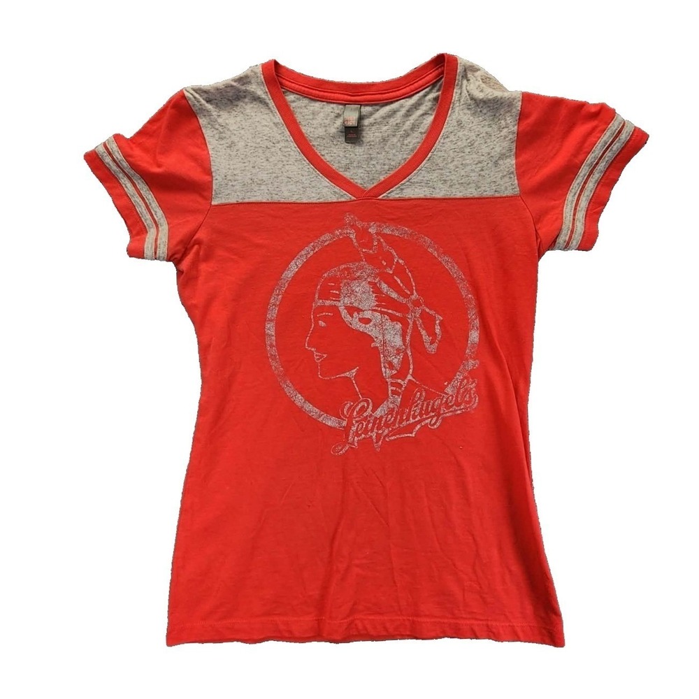 District Graphic Tee Women Large Red Gray Leinenkugels V-Neck Striped EUC